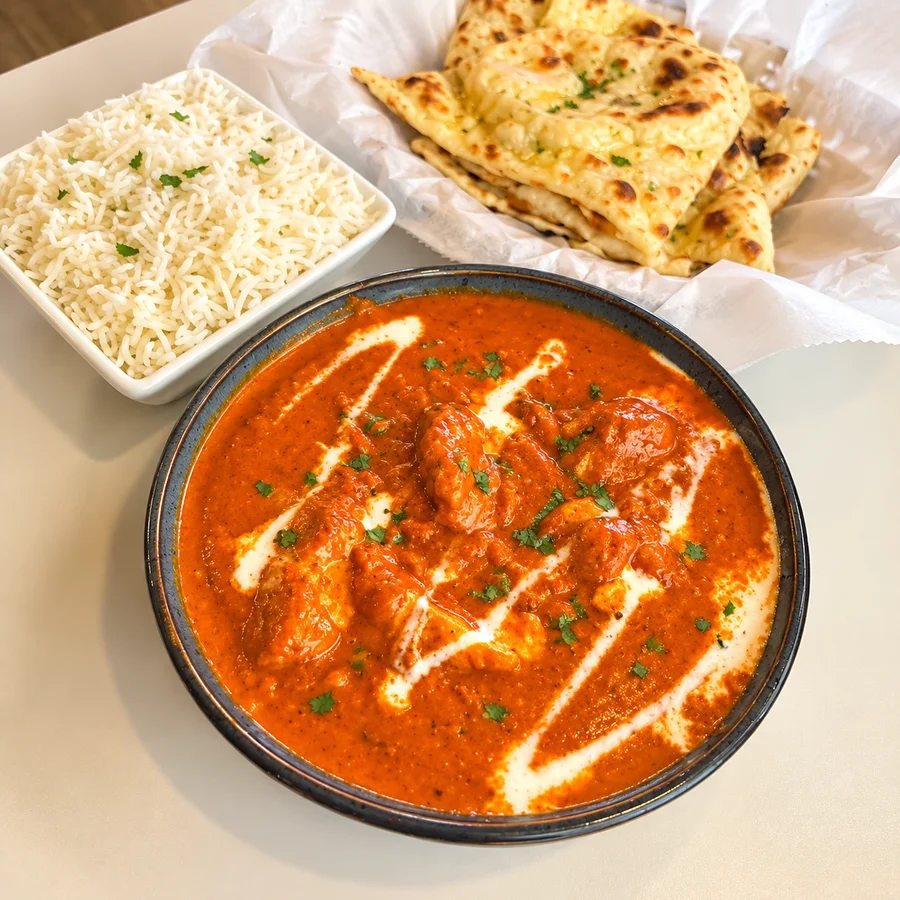Butter Chicken with basmati rice and garlic naan, finished with a cream swirl